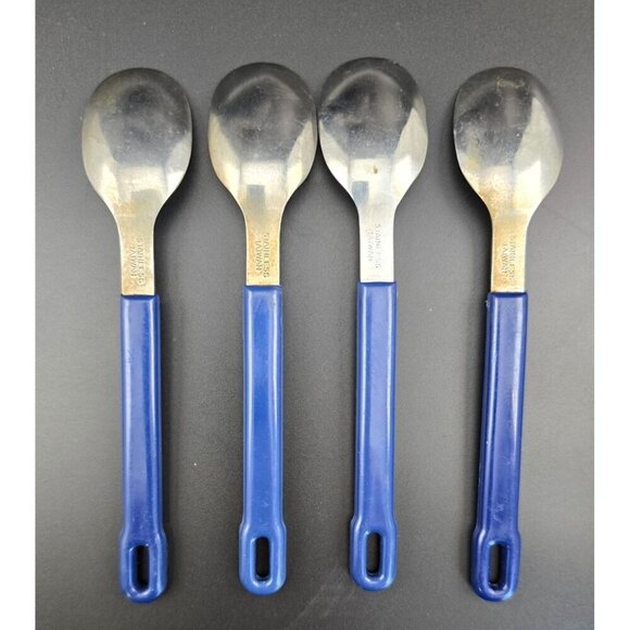 Set Of 4 Vintage MCM Stainless Steel Spoons With Blue Handles - Made In Taiwan - Picture 2 of 6